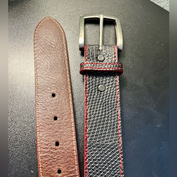 PATRICK GIBBONS  Genuine LIZZARD Handmade Leather Belt Black Red Sz 28 Brass - Picture 4 of 11